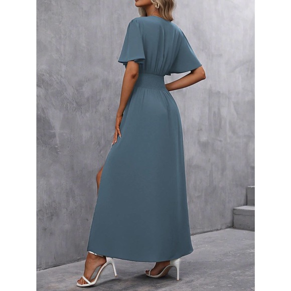 v neck Butterfly Sleeve Split Thigh maxi Dress black - Picture 10 of 11